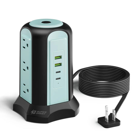 Power Strip Tower Surge Protector with 9 Outlets and 4 USB Ports, 10 Ft Extension Cord, Grounded 3-Prong, 1080 Joules, Blue