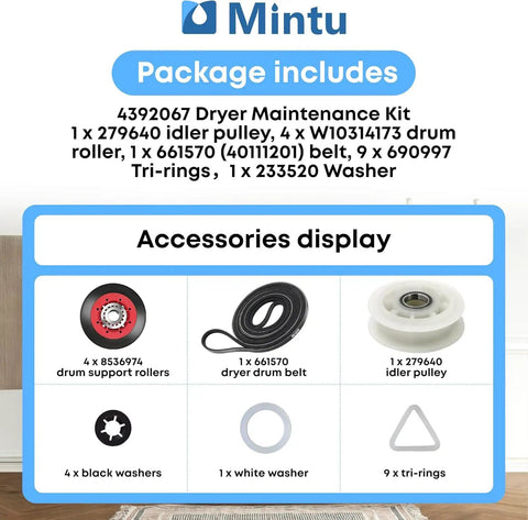 Complete Dryer Repair Kit Featuring Four Drum Support Rollers An Idler Pulley Assembly And Durable Belt To Quiet The Racket And Restore Buttery Smooth Operation For Your Laundry Gear with accessory details.