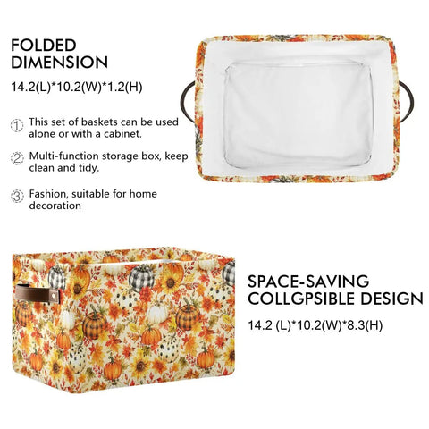 Totally Solid Fall Pumpkin Floral Collapsible Storage Basket With Real Smooth Faux Leather Handles And Water Resistant Fabric dimensions 14.2x10.2x8.3 inches.