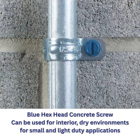 One Quarter Inch By One And One Quarter Inch Blue Flat Phillips Concrete Screw Anchor With Drill Bit For Masonry Block Or Brick Self Tapping Diamond Point And Quick Drive Design 100 Per Box CONFAST installed on masonry wall