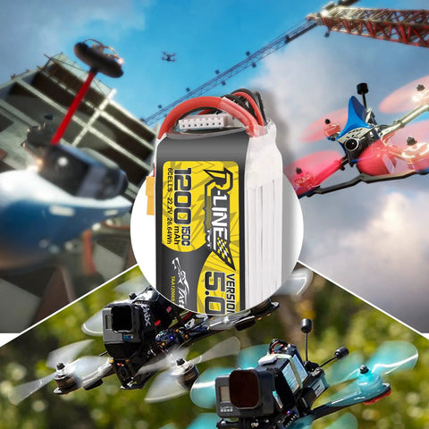 R Line Version 5.0 6S LiPo Battery Pack 22.2V 150C 1200mAh with XT60 plug powering racing drones and RC cars