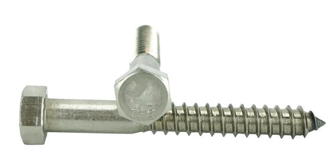 Built Tough 1/2 X 4 Inch Hex Lag Screws Crafted From Top Shelf 18-8 Stainless Steel A Pack Of 25, two screws showing shape and detail.