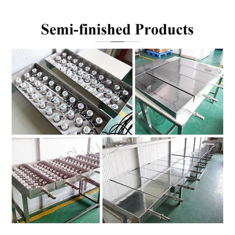 Semi-finished products showcased on stainless steel tables, featuring multiple parts and components for automotive cleaning.