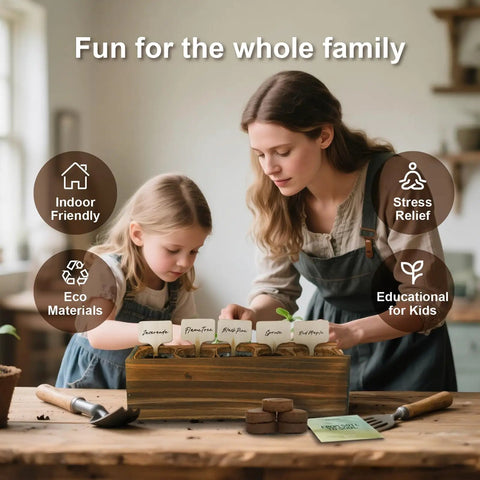 Mother and daughter planting with Five Pack Bonsai Tree Kit With Full Tools And Seed Packets Indoor Starter Kit In Wooden Box Easy Grow.