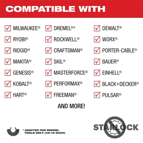 Compatibility list for 9Pc Oscillating Multi Tool Blade Kit With Slick Quick Swap Feature across multiple brands like DeWALT and Ryobi.