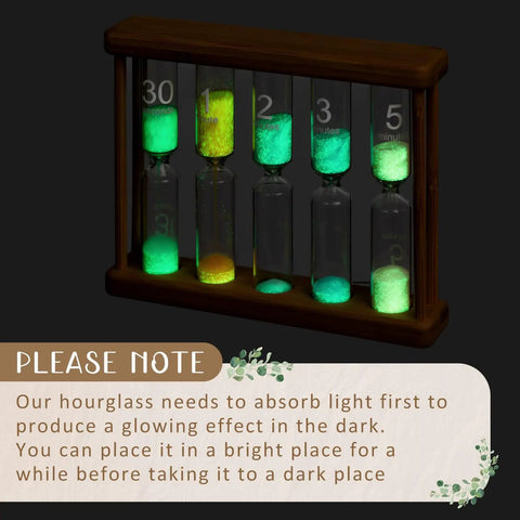 Glow In The Dark Sand Timer Set 0.5 1 2 3 5 Minute Wooden Hourglass Luminous Timers showcasing glow in dim light.