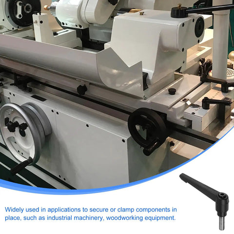 Dead Easy M10 Clamping Lever Handle Featuring Top Shelf Quick Release Lock Knobs And Sleek Black Coated Finish mounted on machinery for secure clamping.
