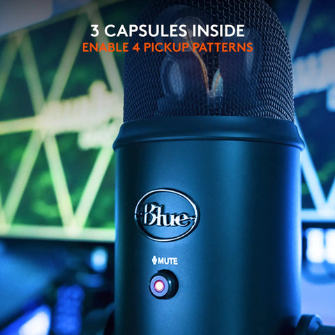Front view of Blue Yeti USB Microphone For PC And Mac, Gaming And Streaming Ready, studio-quality condenser mic with logo and mute button.