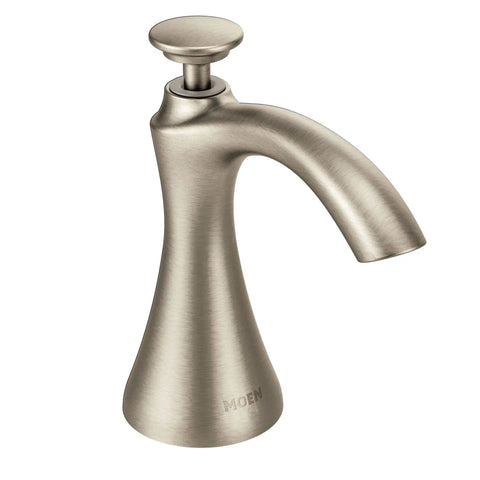 Polished Nickel Deck Mounted Kitchen Soap Dispenser With Above The Sink Refillable Bottle 18 Ounce For Soap Or Lotion Easy Top Lift Refill Moen