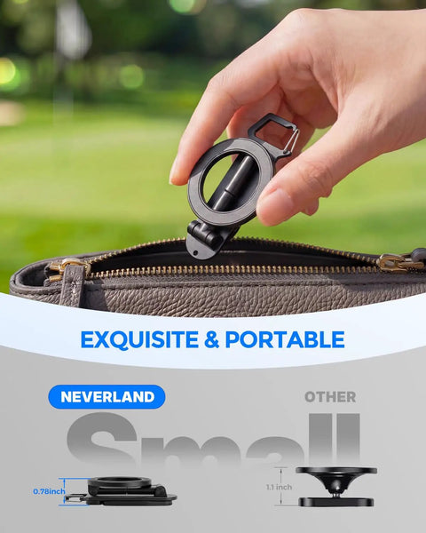 Hand holding Universal Magnetic Golf Cart Phone Holder with 360 Degree Rotating Mount shown next to a bag, demonstrating portability