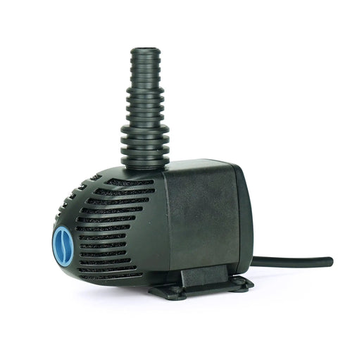 Ultra 400 GPH Submersible Pond Pump With Mag Drive No Hassle Setup Energy Efficient Flow Flexible Hose Adapters shown with fittings