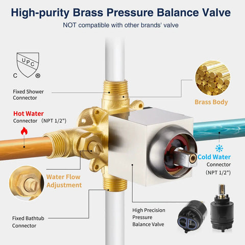 High-purity brass pressure balance valve details with connectors for brushed nickel shower trim kit with valve included