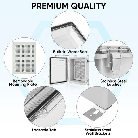 Outdoor waterproof junction box with stainless steel latches and built-in water seal shown open with removable mounting plate.