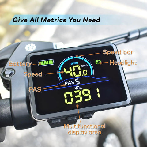 Powerful Ebike Display With UART No 2 Protocol 24V-60V showing speed, battery, PAS, and voltage indicators. Left-side LCD cycling computer.