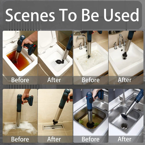 High Pressure Air Plunger Gun For Clogs With Detachable Heads Power Plunger before and after use in various drains