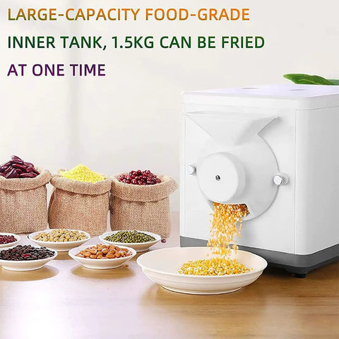 Smooth Operator Automatic Electric Coffee Bean Roaster Machine For Home Kitchen Large 1.5 Kg nonstick drum dispensing roasted grains.