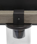 Close-up of Industrial Rustic Lantern Bath Vanity Light 3 Light cool gray wood look with clear glass cylinders and espresso brown mount.