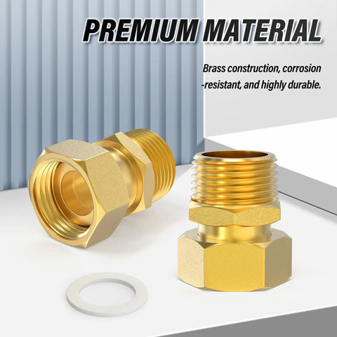 Brass Water Meter Coupling Kit 5 Pack 1/2 Inch Male NPT To 1/2 Inch Female BSP Adapters with seal washer displayed on surface.