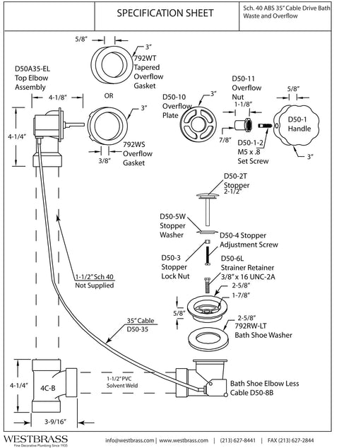 35 Inch Rock Solid Cable Driven Bath Waste specification sheet with dimensions and components for installation and repair.
