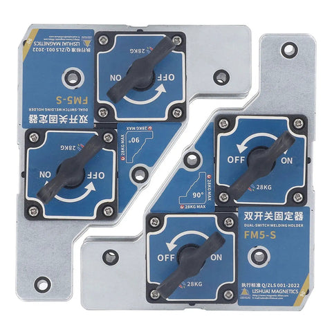 Heavy Duty Welding Magnet Set 2 Pcs Durable Stainless Steel Fixture For Accurate 90 Degree Positioning Of Steel Plates With Massive Grip Power To Nail Your Projects, showing dual switch layout.