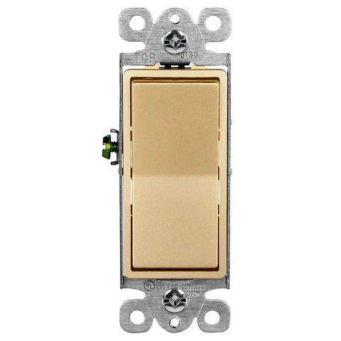 Gold 3 Way Decorator Paddle Light Switch DIY Friendly Single Pole Or Three Way, front view, 3 Wire, Grounding Screw