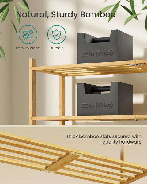 Heavy Duty Bamboo Shoe Rack Three Tier Stackable Shoe Organizer Fits Twelve To Sixteen Pairs with thick bamboo slats and storage boxes