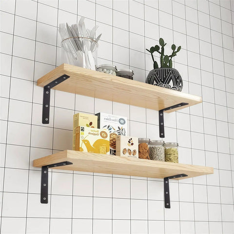 Badass Heavy Duty Floating Shelf Brackets 6 Pack Black Industrial Metal L Brackets support wooden shelves with kitchen items.