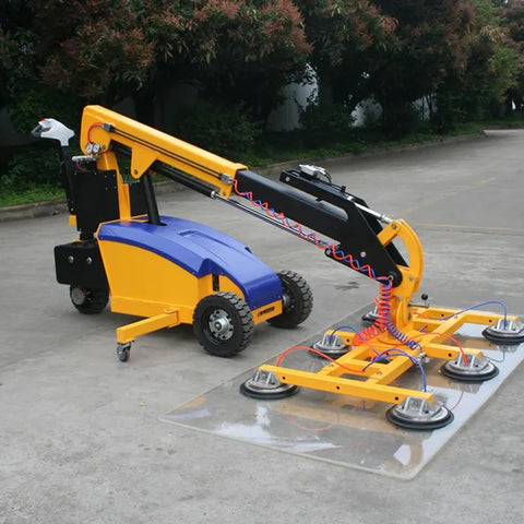 Electric Vacuum Glass Lifter With Hydraulic Arm 300 To 500 Kg Capacity Workhorse Grade Sheet Hoist Machine positioned beside glass panel.