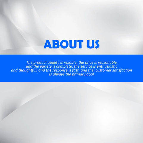ABOUT US banner with blue text and service statement on white background