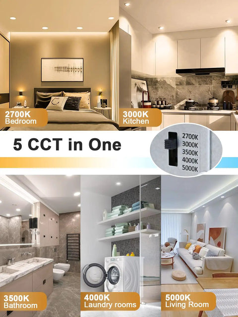 5 color temperatures in use with Canless Recessed Gimbal Downlight 3 Inch Eyeball Spotlight With 5 CCTs, featuring various rooms