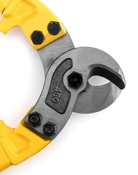 Close-up of stainless steel blades on Beefy 18 Inch Heavy Duty Hardened Cable Cutter for cutting steel wire rope.