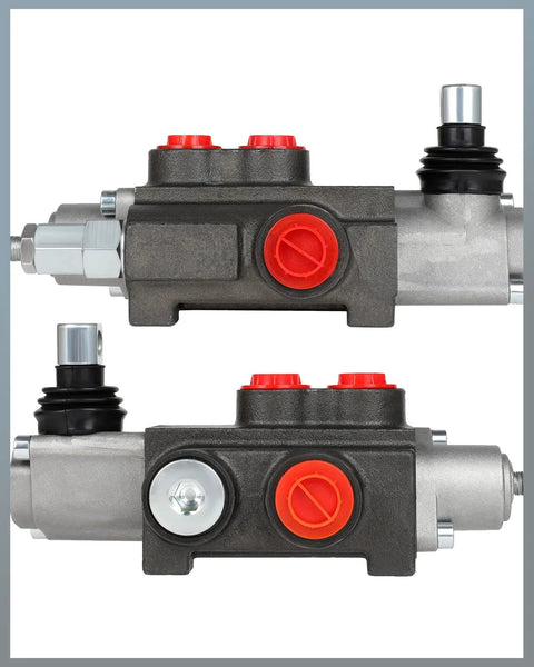 Hydraulic flow control valve, 11 GPM, black body with red adjustment caps, front and side views