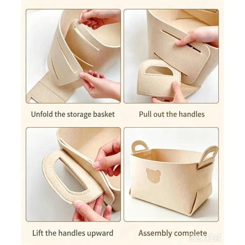 Hardcore Foldable Felt Storage Basket With Dual Handles Slick Collapsible Fabric Bin Organizer For Shelves Closet Laundry Keeps Your Crib Lookin Fresh Hassle Free Game Changer For Toys Nursery Bedroom Office In Brown assembly steps demonstrated.
