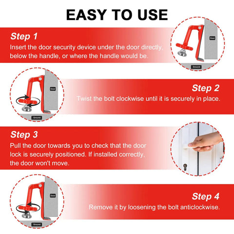 Travel Door Stopper Lock For Hotels And On The Go Anti Theft Door Blocker No Drill Security Door Stop For Bottom Of Door Inward Opening Doors Portable Zinc Alloy Barrier Red illustrated use instructions
