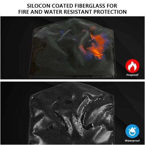 Silicon coated fiberglass showcasing fireproof and waterproof protection for Fireproof Hanger Diversion Safe Bag With Lock Providing Sneaky Hidden Storage For Valuables And A Secret Under Clothes Compartment For Home Or Travel Built For Discreet Security And Everyday Peace Of Mind