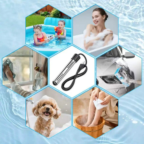 Heavy Duty 2000W Portable Water Heater Rapid Immersion Stick for Buckets and Tubs, shown heating water in various uses.
