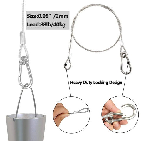 Heavy Duty Stainless Steel Safety Cable Lock With Loops And Carabiner, Flexible Wire Cable, 88 lbs load capacity, close-up detail