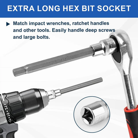 Pro Shop Extra Long Hex Socket Set Featuring Twenty Precision Allen Bits And 3/8 Inch Drive showcases a hex bit socket with a drill and ratchet.