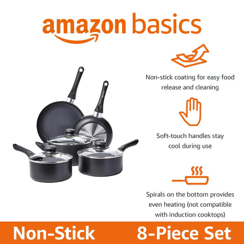 Hassle Free Ceramic Nonstick Eight Piece Pots And Pans Set With Cool Grip Soft Handles in black, showcasing a frying pan and saucepans.