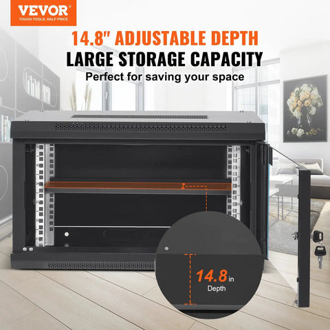 Slick Wall Mount Network Server Cabinet 6U Rack Enclosure featuring locking glass doors and 14.8 inch depth with adjustable shelf.