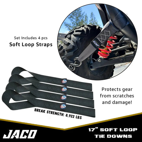 Heavy Duty Ratchet Straps With Soft Loops 1.6 Inches By 8 Feet Pack Of Four For Motorcycles ATVs And Trailers 5208 Lbs Break Strength Tough As Nails Hauling Kit In Black with soft loops and high load capacity.