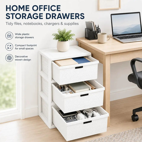 Wide Three Drawer Plastic Storage Tower With Cross Weave Removable Bins For Keeping Your Space Looking Fresh While Solidly Organizing Clothes And Daily Essentials on a desk.