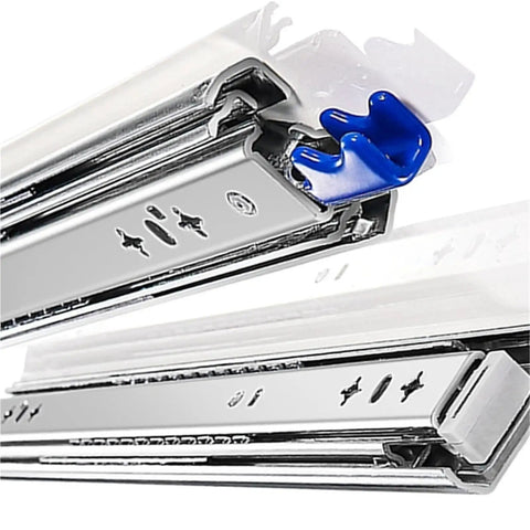 Heavy Duty Full Extension Drawer Slides With Lock showing 53 Mm steel rails with blue locking mechanism for side mount cabinetry.