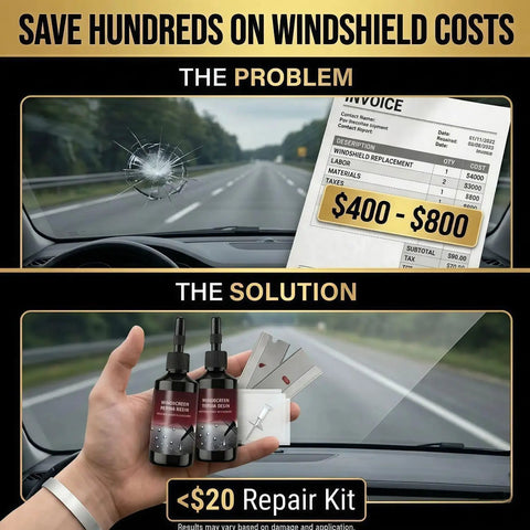 Windshield Crack Repair Kit 2 Pack Straight Up Solid Auto Glass Fix Tool That Smooths Out Chips Clean And Saves Serious Bucks While You Cruise Daily Commute Routes Safely held in hand with road backdrop.