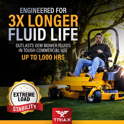 Man riding a yellow zero-turn mower, highlighting features of Trans Zero 20W50 Full Synthetic Hydrostatic Transmission Oil.