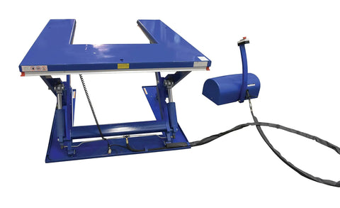 Heavy Duty Electric U Shaped Pallet Lift Table, 3000 Lb Capacity, Blue Powder Coated Steel Frame, close-up on controls and hydraulics.