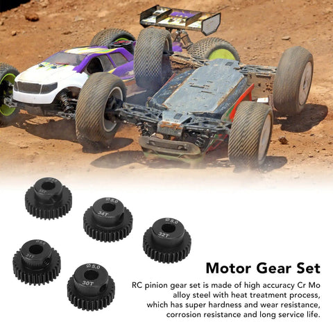 Five Piece RC Pinion Gear Set For 1 To 10 Scale Cars, 48DP 5.0mm Pinions In 30T 31T 32T 33T 34T, High Hardness CrMo Alloy Steel