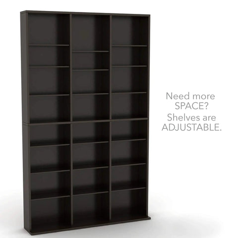 Heavy Duty Espresso Media Storage Cabinet With Deep Slots For CD DVD And Video Games showcases adjustable shelves for versatile storage.