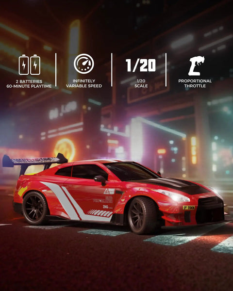 Crazy Fast 1 To 20 Scale RC Drift Car With LED Lights 4WD Remote Control Vehicle on urban night track with LED lights.