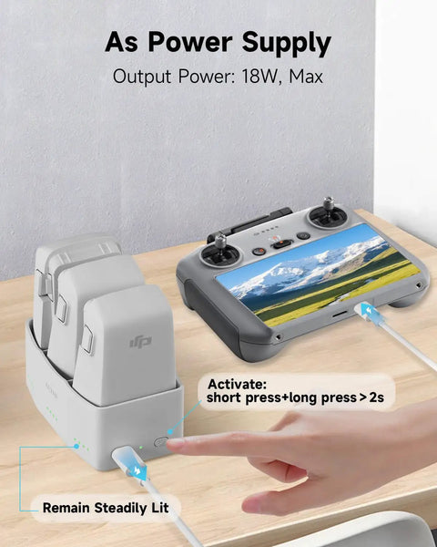 All In One 65W Fast Charge Drone Charging Hub with DJI Flip drone batteries and controller setup, 27000mAh 100Wh power bank.